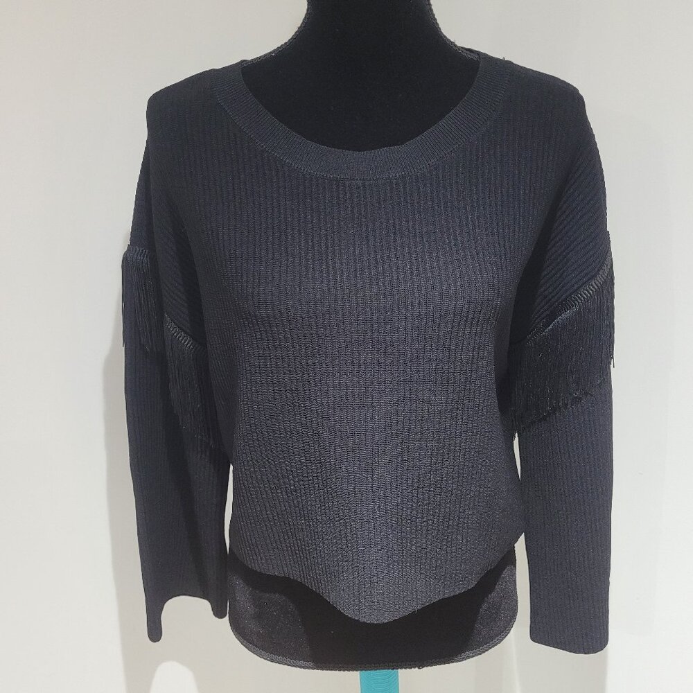 Lea & Viola Women's Ribbed Cropped Fringed Sleeve Sweater Large Black Whimsigoth